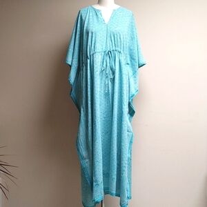 Anokhi Turquoise & White  Cotton Caftan One Size Fits Most
